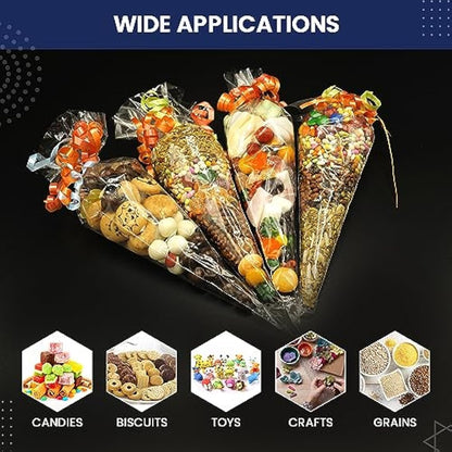 14x26cm Sweet Cone Bags with Twist Ties and Ribbons, 100Pcs Cellophane Crystal Clear Sweet bags, Triangle Sweet Party Cones Bags Perfect for Halloween, Christmas, Candies and many more