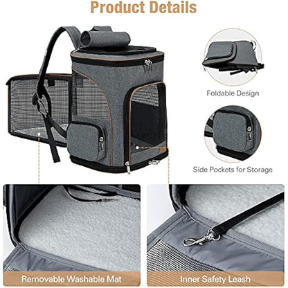 Lekesky Expandable Cat Carrier Backpack - Portable Breathable Rucksack for Medium and Small Cats & Dogs, Foldable with Inner Escape-proof Leash and Pet Mat, Supports 20 lbs (Grey)