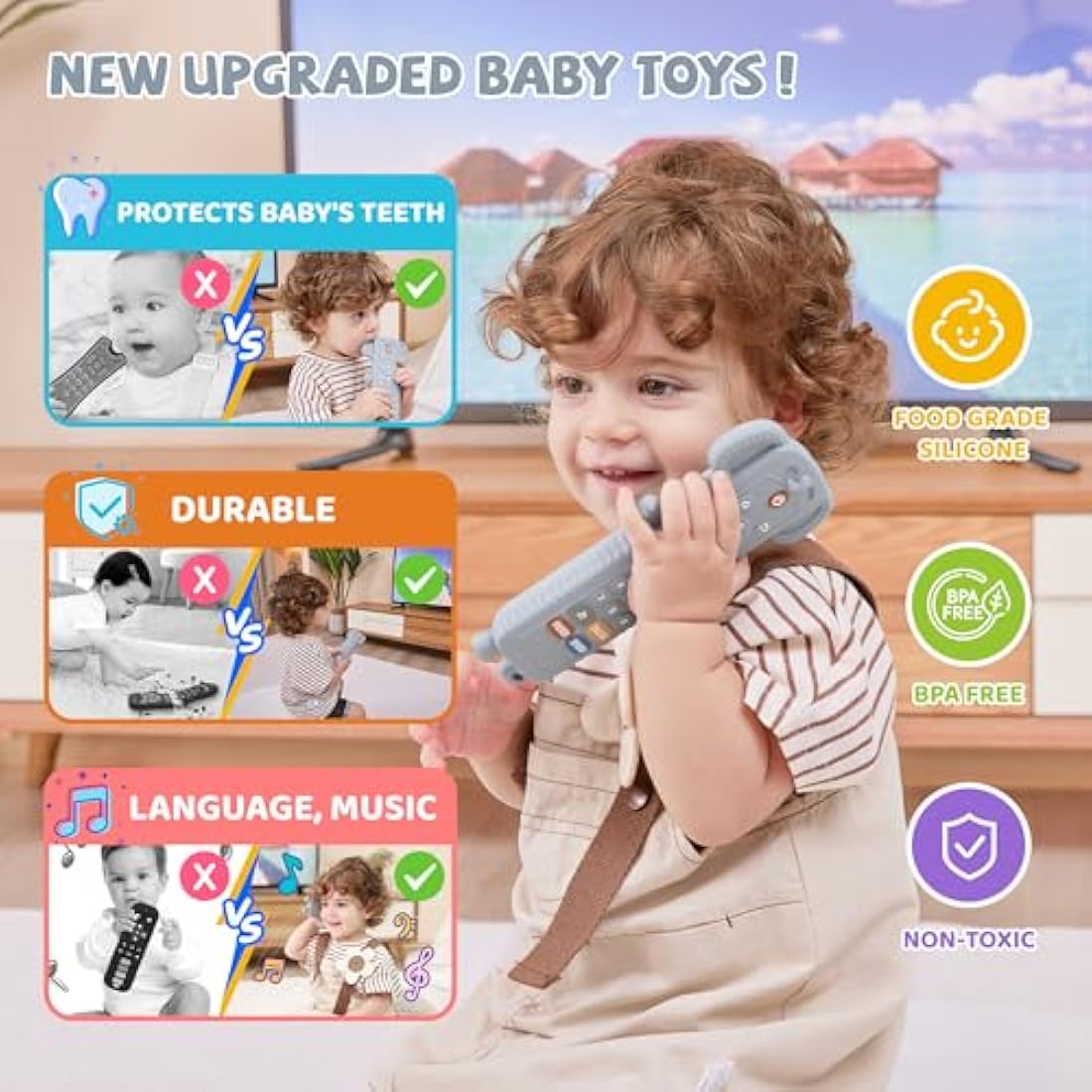 Baby Remote Control Toy with Silicone Teether Cover - Baby Musical Toys, Early Number Learning in 3 Languages (English, Spanish & French), Preschool Boys Girls Toys Gift 6, 12, 18 Months.