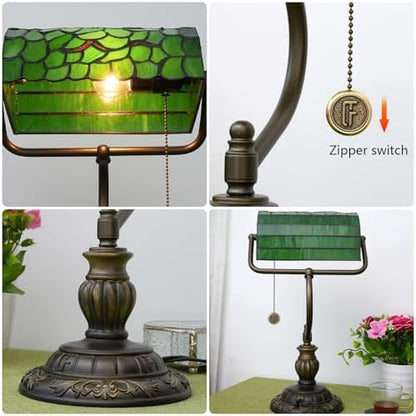 Blivuself Tiffany Style Green Bankers Desk Lamp Stained Glass Lamps Tree Leaf Vintage Bedroom Bedside Study Pull Chain Reading Desk Light Retro Office Led Adjustable Nightstand Antique Accent Deskla
