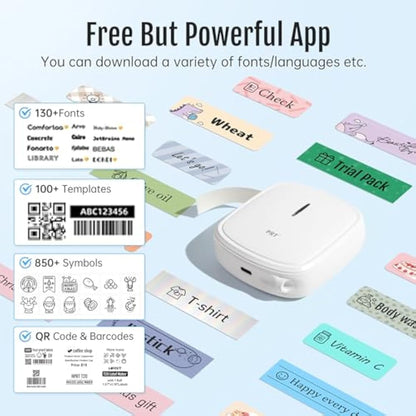 PRT Label Makers Machine with Tape Built-in Cutter Portable Bluetooth Handheld Sticker Printer for Home Office Organization iOS Android Mini Inkless Labeler USB Rechargeable- White