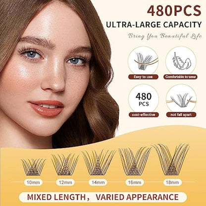 Individual Lashes 480 Cluster Lashes QUEWEL DIY Lash Extensions Kit, Eyelashes Applicator, Lash Cluster Glue Remover, Long-lasting Lash Glue and Overnightseal for Beginner to Apply(Natural D MIX)