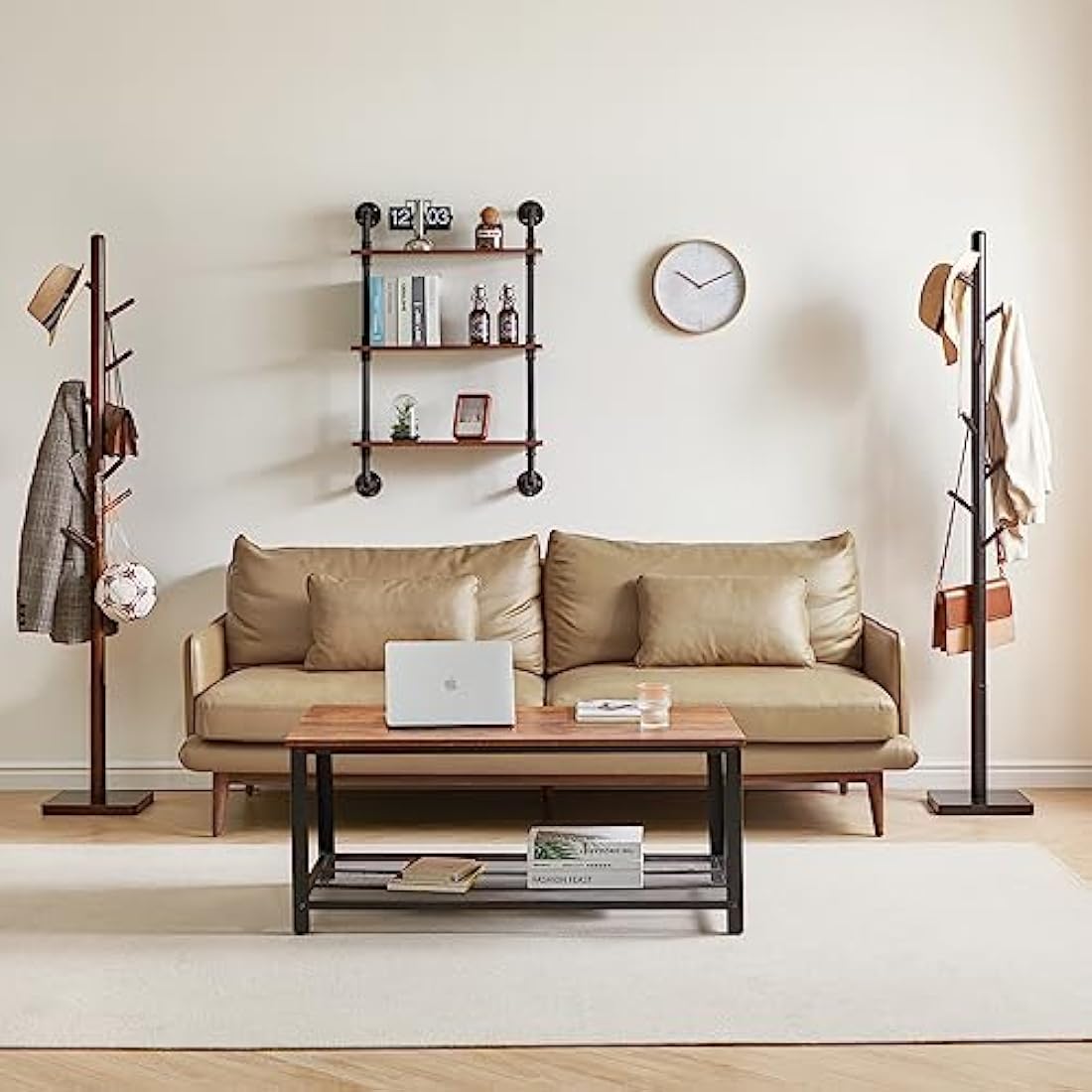 YMYNY Coat Rack Stand with Square Base, Wooden Coat Tree, Hall Tree Free Standing with 8 Hooks, Clothes Stand for Coats, Hat, Handbag, Umbrella, for Office, Hallway, 29 x 29 x 176CM Brown HCR002H