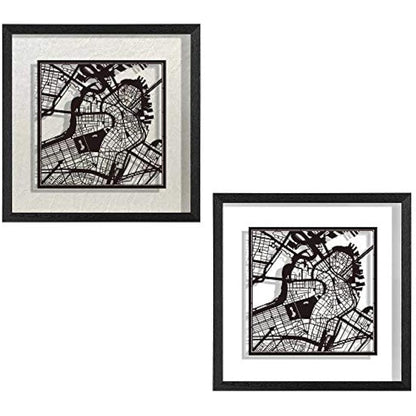 O3 DESIGN STUDIO Boston Paper Cut Map framed, Black map, Black frame, 9x9 inches, Gift Boxed, 2 background color, self-changing, Paper Art