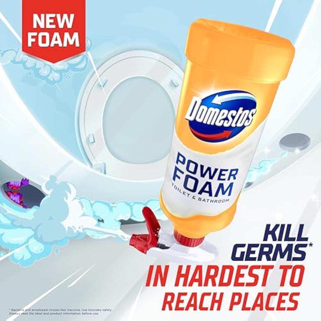 Domestos Power Foam Citrus Blast Upside Down Spray bleach-free toilet & bathroom cleaner eliminates 99.99%* of germs 6x 450 ml