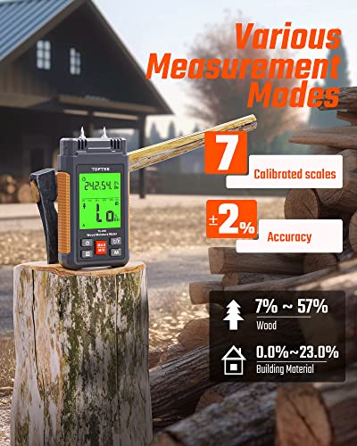 TopTes TS-630 Moisture Meter, Wood Moisture Meter with 2.25-inch 3 Colours Backlit LCD, Use for Log/Firewood/Lumber, Tracing Water Leak Dampness in Walls/Drywall/Floors, 7 Modes - Orange