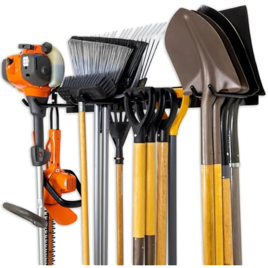 StoreYourBoard Wall-Mounted Rack With 4 Garage Hooks – Heavy-Duty Steel Holder Garage & Garden Storage for Shed, Workshop, or Home Organization – For Rakes, Shovels, Tools & More