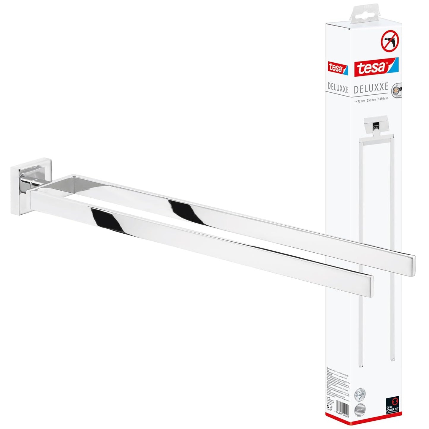 tesa DELUXXE Double Towel Holder - Wall-Mounted, Stainless-Steel Towel Holder with Two Swivel Arms - waterproof, incl. Power.Kit Adhesive Solution