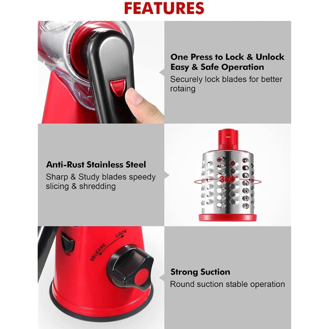 Rotary Cheese Grater, Vegetable Slicer with Three Drum Blades, Grater for Kitchen Faster and Easy Cutting, Rotary Drum Grater Ideal for Cheese, Cucumber, Carrot, Nuts, etc.