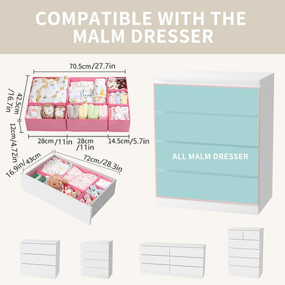 ORLISA Drawer Organiser for MALM Drawers, 14 Pack Clothes Drawer Organisers, Foldable Fabric Dividers for Underwear Socks Bras, 3 Sizes Storage Boxes