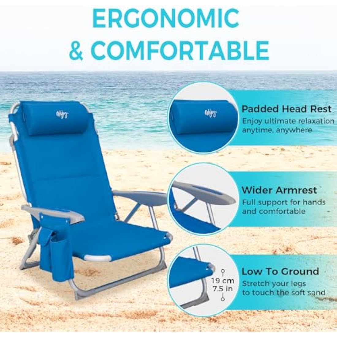 #WEJOY 4-Position Folding Beach Chair - Lightweight Aluminum Camping Chair for Adults, High Back Recliner with Pillow & Storage Pocket, Portable