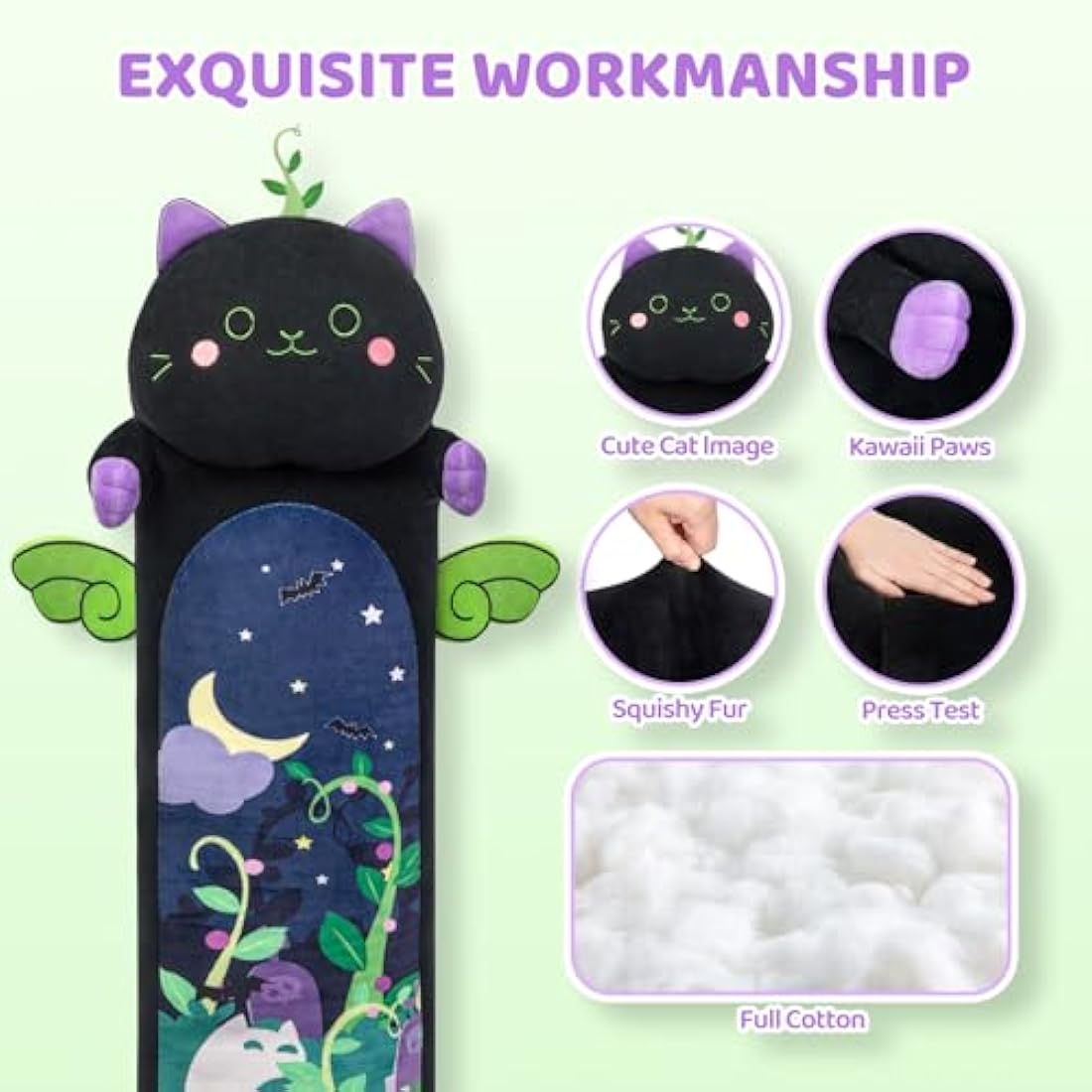 Mewaii 20in Long Devil Mint Cat Plush Pillows Stuffed Animals Squishy Pillows - Plushie Cute Kitty Sleeping Hugging Plush Pillow Soft Toys for Kids(Black)