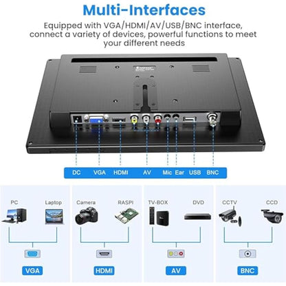 Eyoyo 12" Inch TFT LCD Monitor with AV HDMI BNC VGA Input 1366x768 Portable Mini HD Color Screen Display with Built-in Speaker
