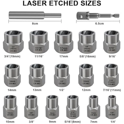 TOPEC 18-Piece Bolt Extractor Set, Rounded Bolt Remover Tool, Impact Bolt & Nut Extractor Set, 3/8" Drive Bolt Extractor Kit, for Removing Stripped, Damaged, Frozen, Rusted, Rounded-Off Bolts & Nuts