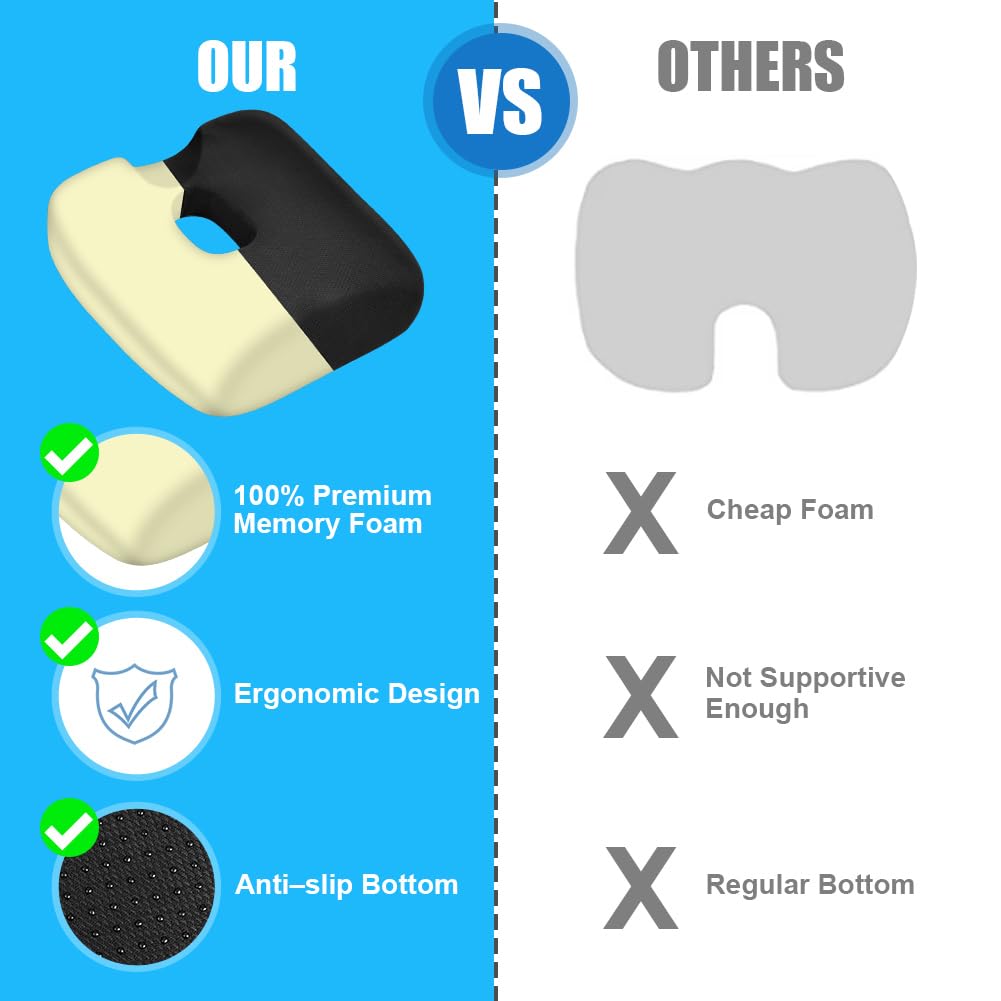 Ainiv Memory Foam Seat Cushion, Non-Slip Coccyx Cushion for Car Seat with Scientific Center Hole & U-Shaped Cutout, for Car Seat