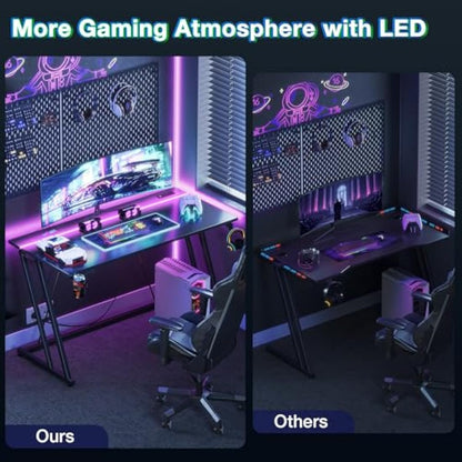 ODK Gaming Desk with LED Lights & Power Outlet, Gaming Table with Cup Holder and Headphone Hook, Double Z Frame Design Computer Desk, Carbon Fiber Black 100 cm