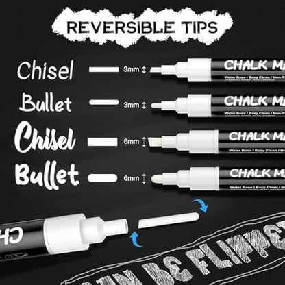 AOSUCO White Chalk Pens, Washable Liquid Chalk Pens for Blackboards, Window, Glass, Chalkboard, Jars, 4 Pack Chalk Markers (3mm & 6mm Reversible Tip) with 45 Labels, Wipeable Blackboard Pens