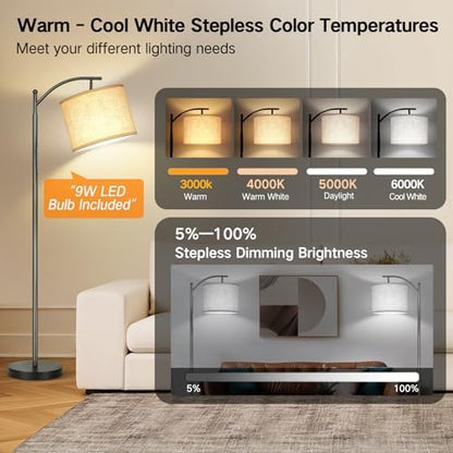 OUTON Dimmable Floor Lamp with Touch Control & Remote & App Control, 3000K-6000K Adjustable Color Temperatures, LED Tall Standing Lamp with Beige Lampshade for Living Room, Bedroom, Office, Black