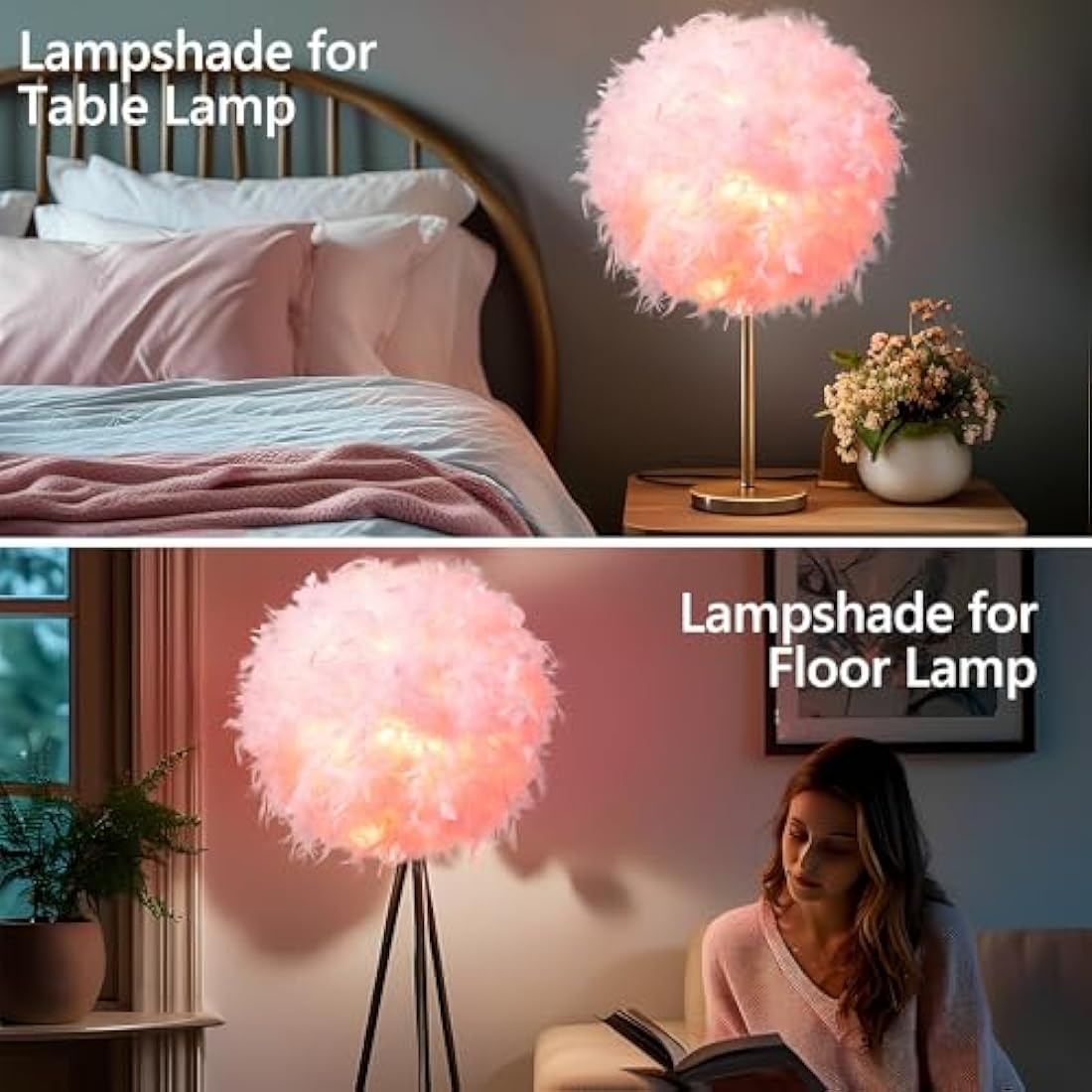 Waneway 50cm Feather Light Shade for Ceiling Pendant Light, Fluffy Lamp Shade Lampshade Lightshade for Table Lamp and Floor Lamp, Bedroom, Living Room, Wedding or Party Decor, ID 40cm, OD 50cm, Pink