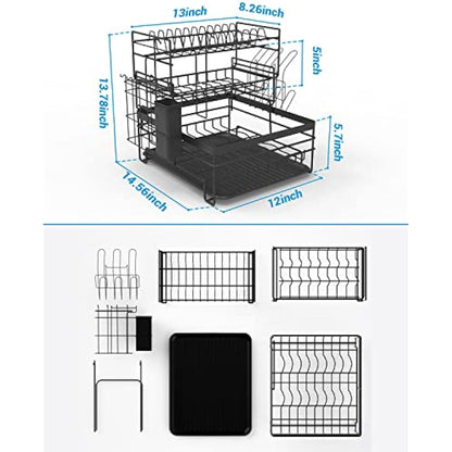 TONGKTAI Dish Drainer Rack, 3 Tier Drain Board Rack with Drip Tray, Detachable Stainless Steel Dish Drying Rack for Kitchen Countertop or Sink, Black