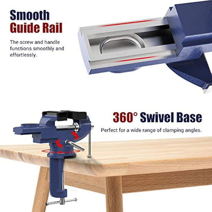 Nuovoware Table Vise 70mm, 360° Swivel Base Universal Home Portable Bench Clamp, Clamp-on Vise Bench Clamps Fixed Tool for Woodworking, Metalworking, Cutting Conduit, Drilling, Sawing, Blue