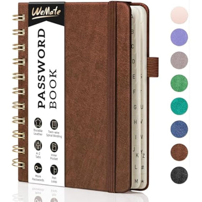 WEMATE Spiral Password Book with Alphabetical Tabs, Small Password Keeper Book for Seniors, Internet Password Notebook Hardcover Password Journal logbook – 12 x 15cm (Brown)