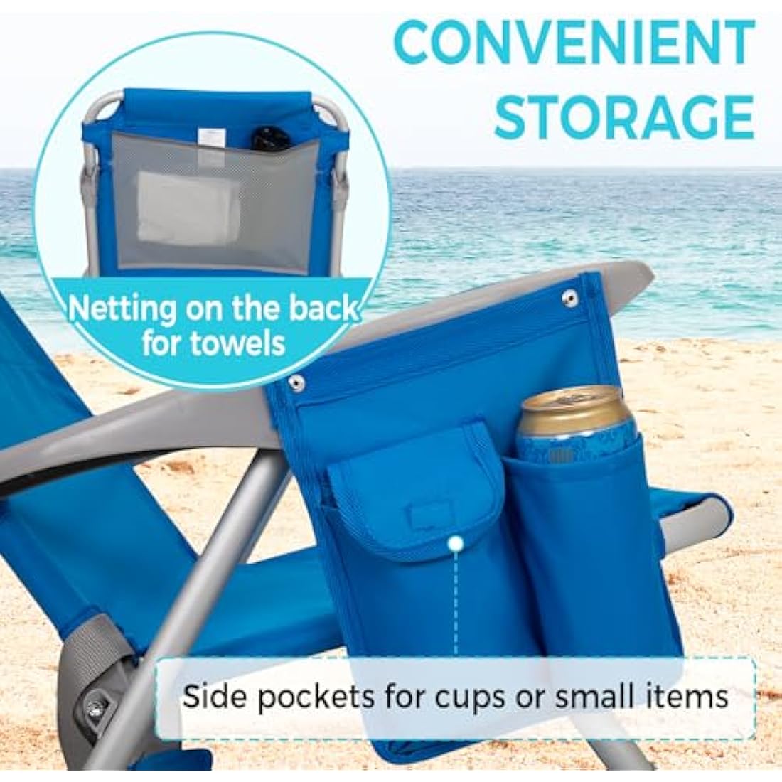 #WEJOY 4-Position Folding Beach Chair - Lightweight Aluminum Camping Chair for Adults, High Back Recliner with Pillow & Storage Pocket, Portable