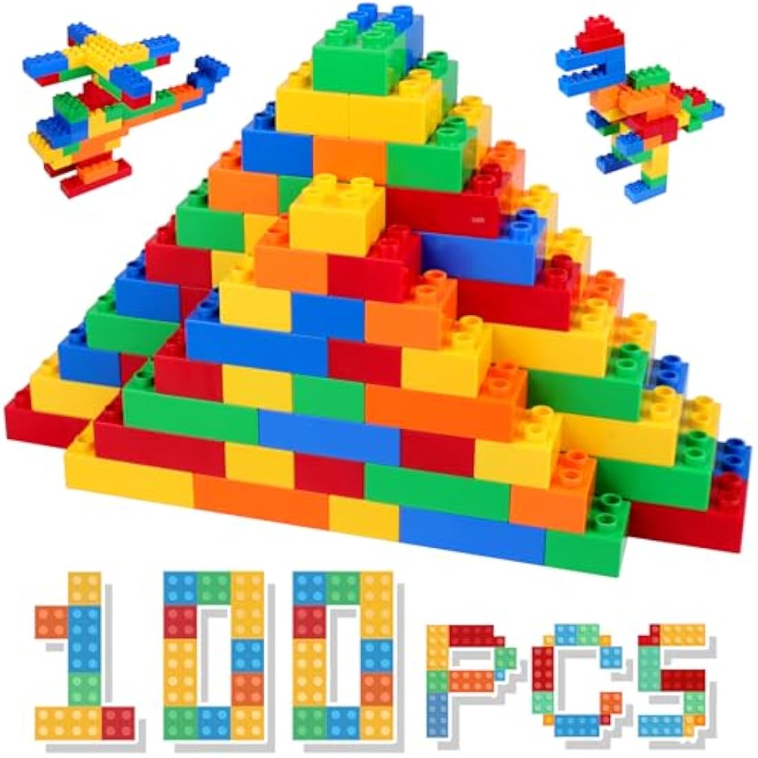 HIUME Large Building Block Set, 100 Building Blocks, Compatible with Duplo Building Bricks, Suitable for Children Aged 3 4 5 6 Years, A Great Building Block Gift for Boys and Girls.