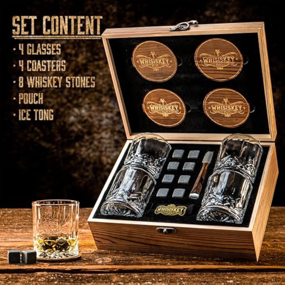 WHISISKEY - Whiskey Glass Set - Whiskey Gift Sets for Men - Whisky Glass Birthday Gifts for Men - Rum Tumblers - Mens Gifts - Whisky Set with 4 Glasses, 8 Whiskey Stones, Accessories