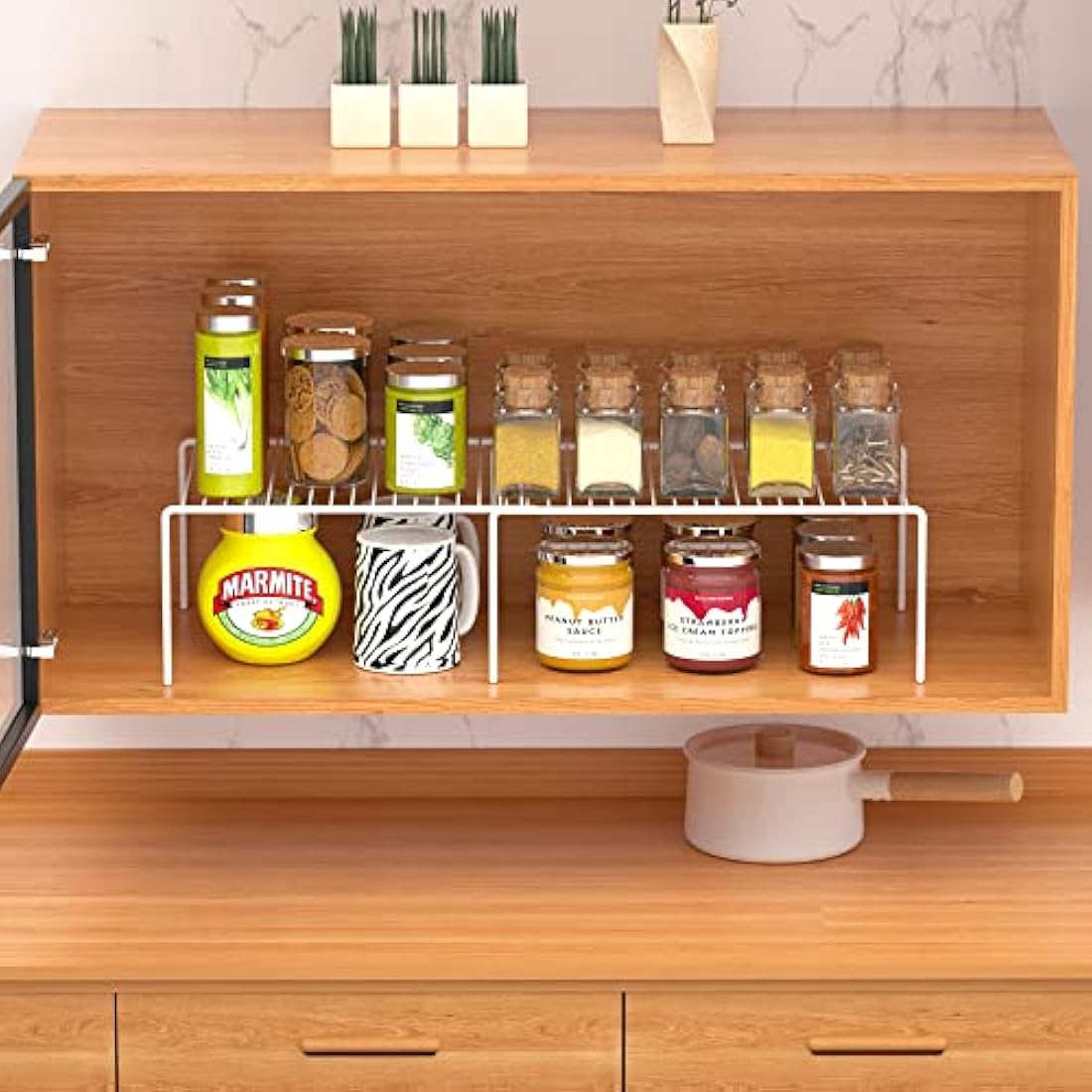 iPEGTOP Freezer Cabinet Storage Shelf, Expandable Metal Rustproof Spice Rack, Adjustable Kitchen Organizer Counter Fridge Pantry Shelf Space Saver, White, Set of 2
