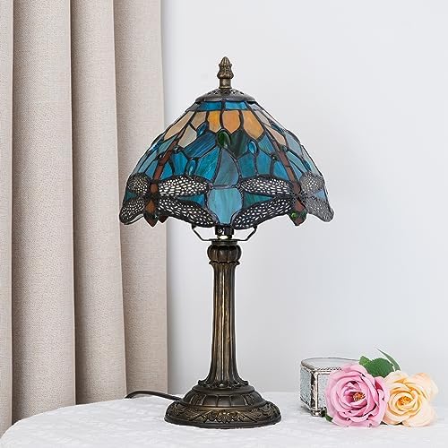 Blivuself Tiffany Style Stained Glass Table Lamp Dragonfly Green Yellow Bedroom Bedside Reading Desk Light for Office Dormitory Bar Restaurant Decorate Retro Unique Cute Small Night Light Gift 8 inch