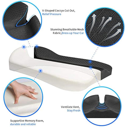 Seat Cushion for Car and Truck Driver Seat Office Chair Wheelchairs Orthopedic Ergonomic Memory Foam Coccyx Seat Sciatica Cushion for Tailbone Sciatica Relief Hemorrhoid Car Seat Pad