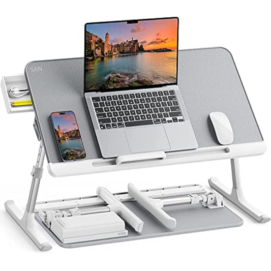 Laptop Bed Table, SAIJI 100% Eco-friendly wooden planks, Laptop Stand with Drawer, Folding Legs, 40kg Load, Angle Height Adjustable, Reading, Eating on Bed, Sofa, Laptop Lap Desk (Grey 23.6 * 12.6in)