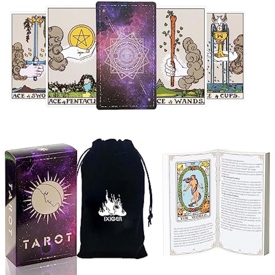 IXIGER Tarot Cards and Book for Beginners Set,Tarot Cards with 165Page Guide Book,Tarot Cards Deck,78 Pcs Classic Tarot Cards Deck for Beginners and Experts Readers with Black Velvet Pouch Bag