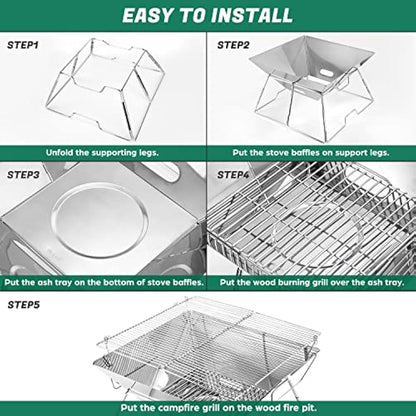 Odoland BBQ Fire Pit Portable Campfire Pit Collapsible Camping Grill Stainless Steel Barbecue for Camping Picnic Terrace Garden w/Carrying Bag L (43 * 43 * 31cm)
