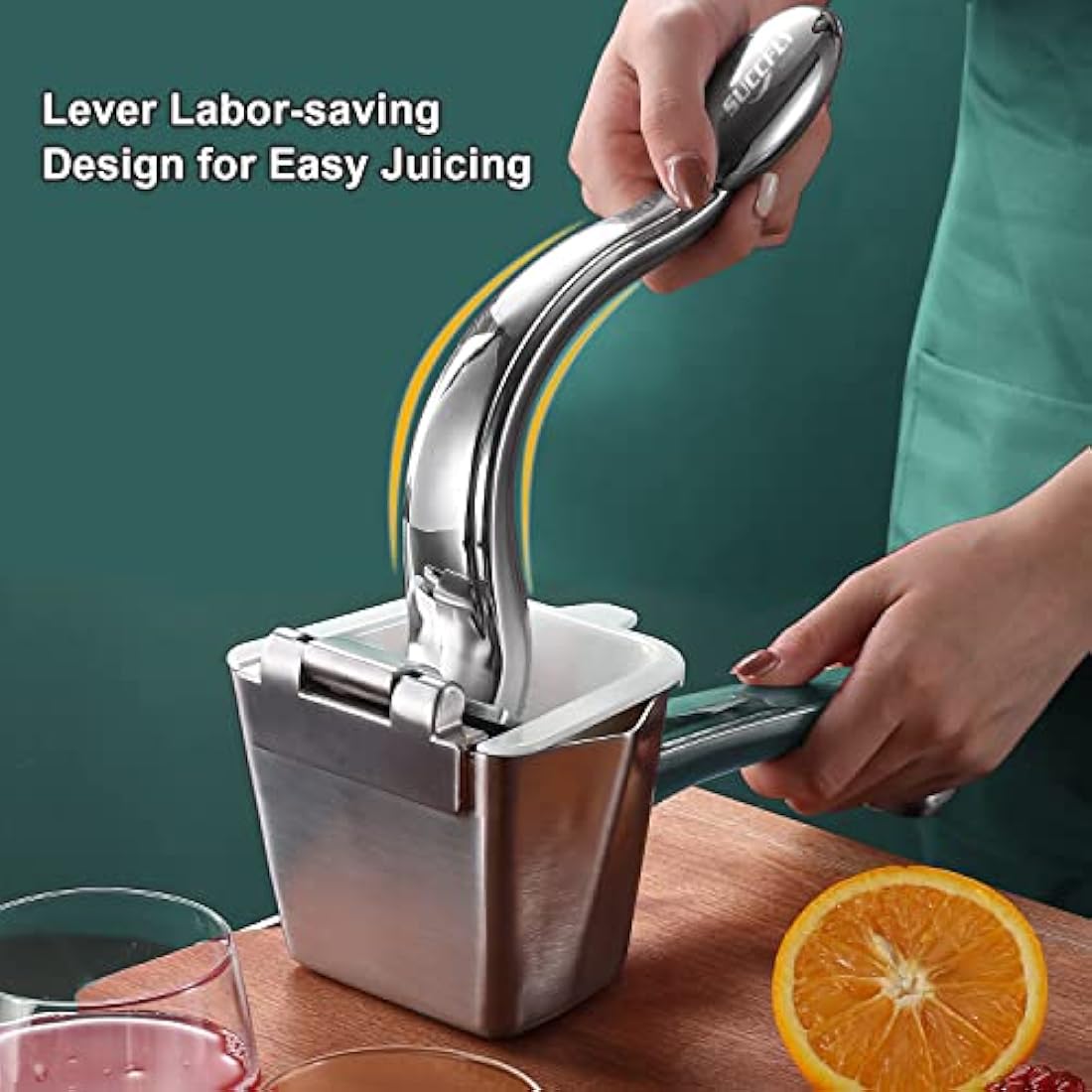 SUCCFLY Lemon Squeezer Stainless Steel, Manual Juicer Citrus Lime Orange Fruit Squeezer Heavy Duty Ergonomic Handle Labor-saving Large Capacity Juice Press Hand Handheld Juicer (5 Year Warranty)