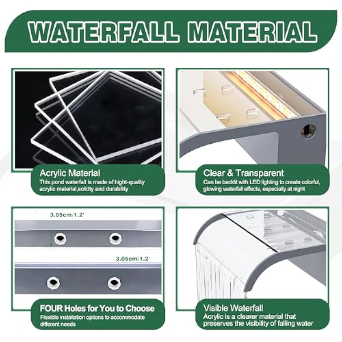 LONGRUNNEW Pond Waterfall Blade Kit, 90cm Acrylic Pool Fountain with Accessories, Width 18cm Curved Outlet Spillway for Garden Patio Pond Decoration