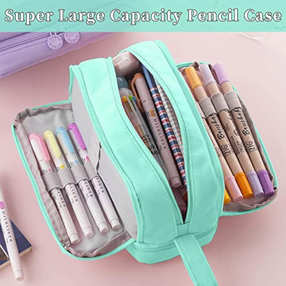 Tesmien Pencil Case, Large Pencil Case with 4 Compartments Stationery Organizer for Boys and Girls, Aesthetic Pencil Bag Suitable for Kids Teenagers Students Women Men, Green