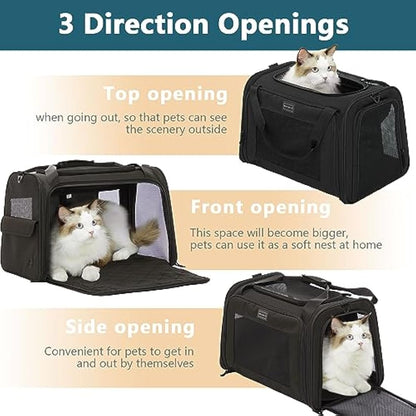 Petsfit Pet Carrier Large Cat Carrier Soft Sided, Dog Carriers with Expandable mat and Quadrangle Oxford Fabric Lightweight Pet Carrier Bag for Cat and Small Dogs，Black