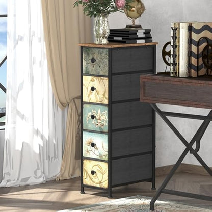VEDECASA Chest of Drawers with 5 Drawer Narrow Dressers for Bedroom Small Place Storage Tower Unit Bedroom Drawers for Bathroom Kitchen Living Room Hallway Entryweay Wooden Top Sturdy Metal Frame