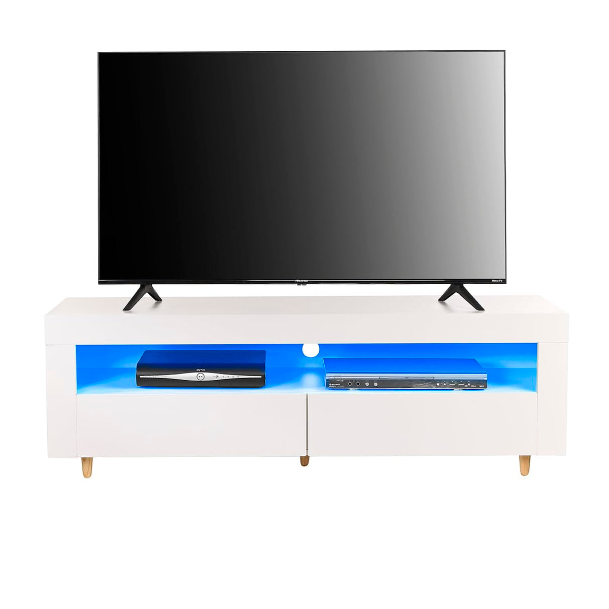 White TV Stand Cabinet, 140cm, with Lights, Soundbar Shelf, Storage Cupboards for 42", 50" 55" TV's, Modern Living Room Furniture