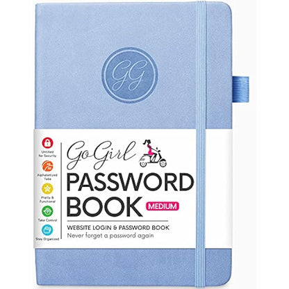 GoGirl Password Book with Alphabetical tabs – Internet Address & Password Keeper Logbook for Password Organization, Journal Notebook for Saving Website Logins. Medium Size 13.5 x 19cm - Light Blue