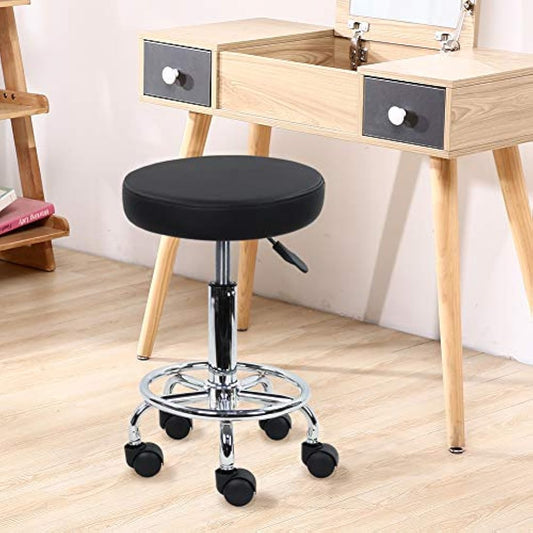 KKTONER PU Leather Round Rolling Stool with Foot Rest Swivel Height Adjustment Spa Drafting Salon Tattoo Work Office Massage Stools Task Chair Small (Black)