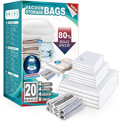 TAILI Vacuum Storage Bags 20 Pack Space Saver for Travel and Home (4 Jumbo, 4 Large, 4 Medium, 8 Roll-Up) Reusable Vacuum Bags for Clothing, Bedding, Duvets, Save 80% More Storage Space