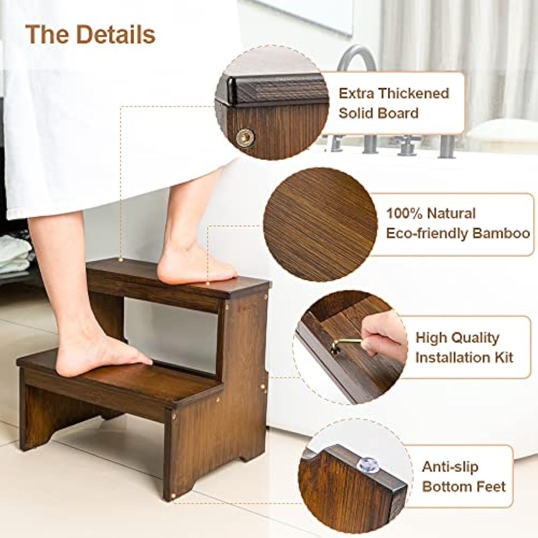 StrongTek Bamboo Two Step Stool for Adults and Kids, Bed Stepstool with Anti-Slip Bottom, Heavy Duty for Kitchen, Bathroom, Bedside Step Stool, Wooden Step Stairs 400 lbs Capacity