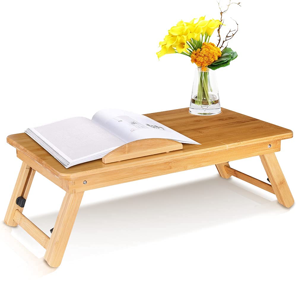 Bamboo Laptop Bed Table, Foldable Bed Table Bed Reading Tray With Vents, Computer Stand Portable Bed Adjustable Bamboo Computer Table with Drawer for
