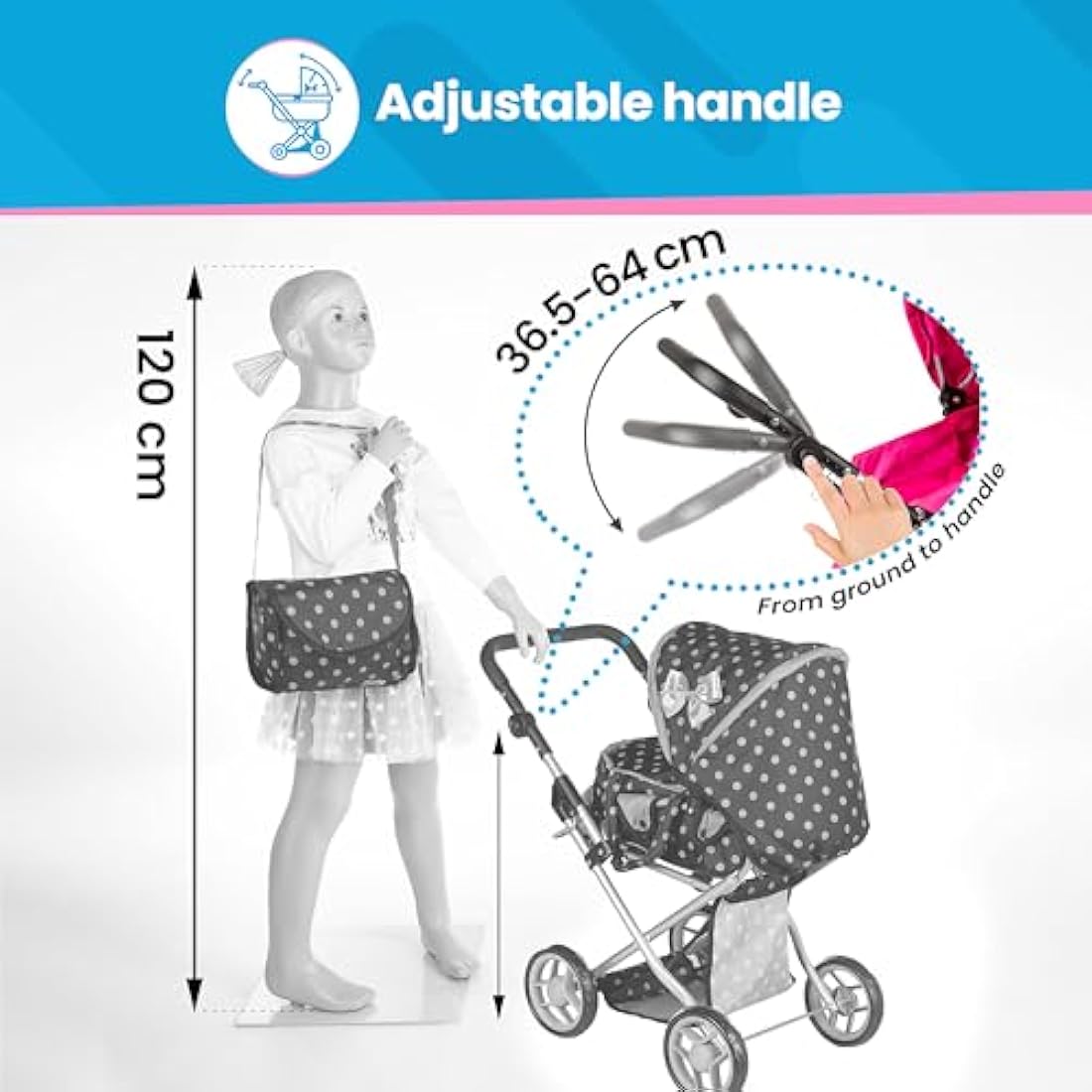Kinderplay Dolls Pram | 3-in-1 Toy Pram | Baby Doll Pram - Toy Pushchair | Dolls Buggy | Dolls Pushchair | Doll Stroller with Adjustable Handle (36.5-64 cm), model KP0200G