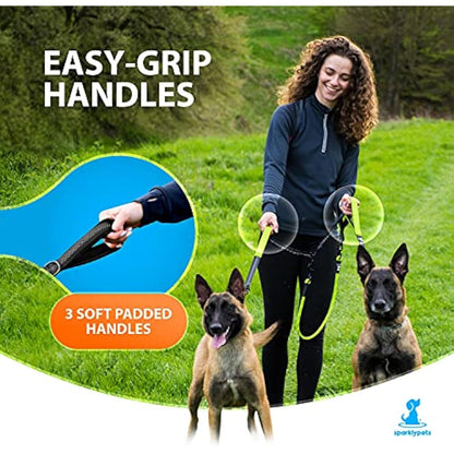 SparklyPets Double Dog Leash for 2 Dogs – Rope Bungee Dual Leash for Medium and Large Breeds with Padded Handles & Tangle Free (Green, Medium/Large)