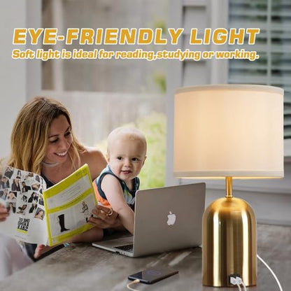 GyroVu Bedside Lamp with USB Port, Touch Control Table Lamp for Bedroom 3 Way Dimmable Modern Nightstand Lamp with Fabric Shade Gold Base for Living