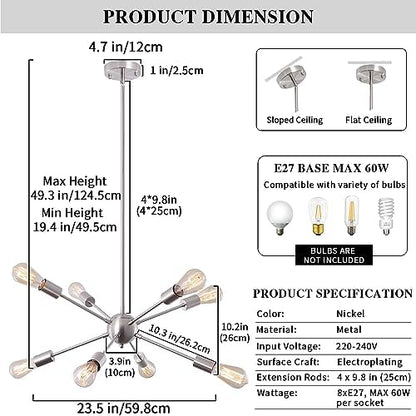 ASHUAQI Nickel Sputnik Ceiling Light, 8-Light Mid-Century Modern Chandelier, E27 Dimmable, 40 cm (L) x 16 cm (W) x 16 cm (H), Living Room, Dining Room, Bedroom, Hallway